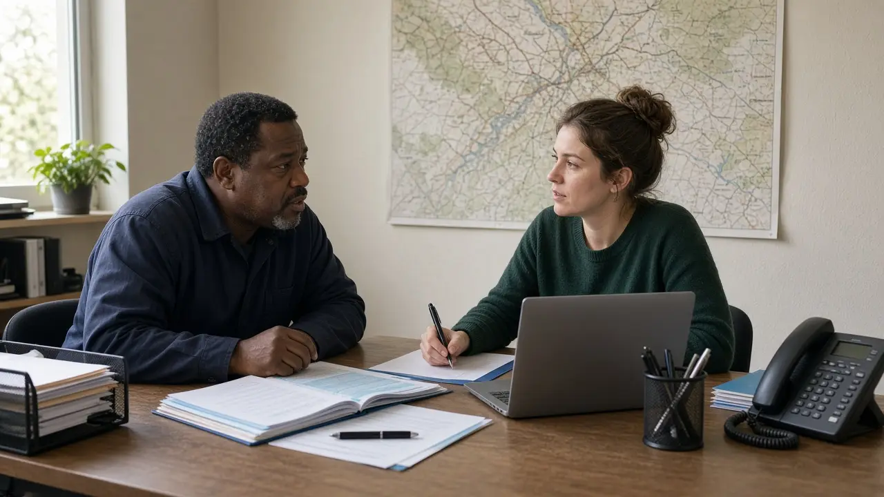 Two people talking at a desk in a small office, with no company logos on the wall.